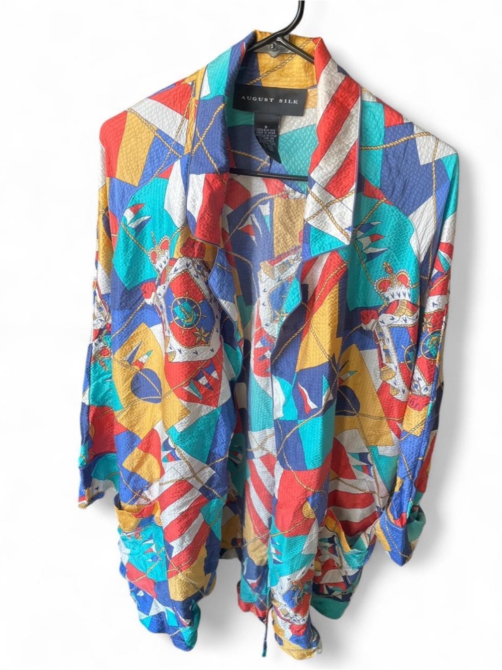 VTG August Silk Maximalist Nautical Patterned Robe Kimono Sz S 100% Silk Lounge